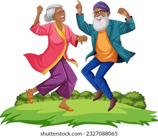 Pareja de ancianos de la India bailando en la ilustración del jardín