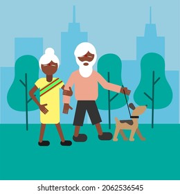 Indian elderly couple with dog vector flat style illustration Senior couple with their dog walking in the park. Marriage and healthy lifestyle concept. Vector flat cartoon illustration. An old married