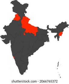 Indian election 2022 highlighted in red. UP, UK, Manipur, Goa, Panjab.