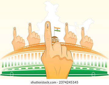 Indian Election Conceptual Illustration with Voters Raising their Hands to Show Index Fingers with Indelible Ink and Parliament Building in the Background 