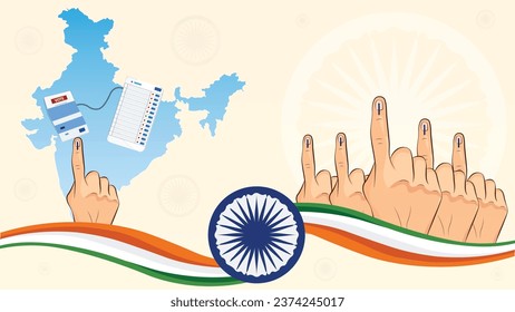 Representación conceptual de las elecciones indias con iconos de manos de los votantes con tinta indeleble, mapa indio y VM 