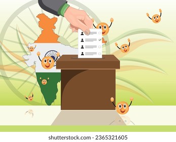 Indian Election Illustration with Person Casting his Vote with Ballot Paper - Right to Vote Concept with Icons of Indian National Map Filled with Tricolor