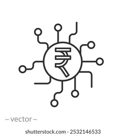 indisches E-Geld-Symbol, digitale Rupie-Währung, Cyber-Finanztechnologie, dünnes Web-Symbol auf weißem Hintergrund - bearbeitbare Strich-Vektorgrafik