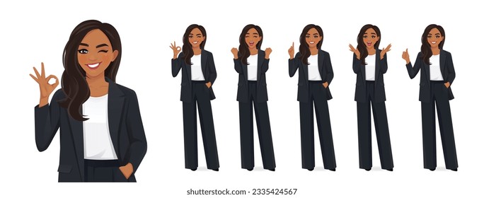 Indian elegant business woman in different poses set. Various gestures surprised, pointing, showing thumb up and ok sign isolated vector illustration