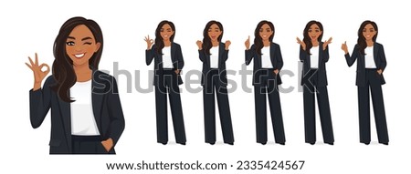 Indian elegant business woman in different poses set. Various gestures surprised, pointing, showing thumb up and ok sign isolated vector illustration