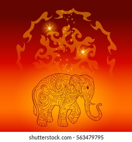 Indian elephant background with mandala pattern. Doodle elephant.