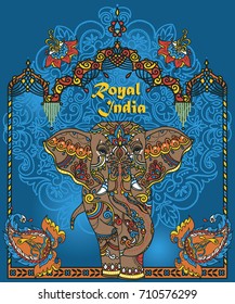 indian elephant with beautiful traditional ornament, poster for travel to royal india,  vector illustration