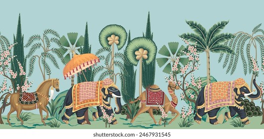 Indian elephant, camel, horse, palms, trees, plants seamless border. Oriental landscape mural.	