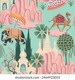 Indian elephant, camel, mountain , tree and architecture seamless pattern. Oriental wallpaper.	