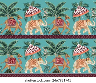 Indian elephant, camel and palms seamless pattern. Oriental wallpaper.	