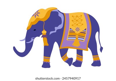  Indian elephant in colorful festive clothes. Cartoon vector illustration on a white background