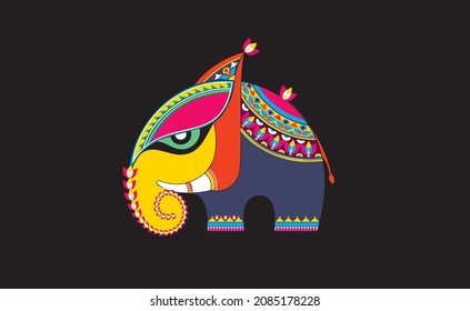 Indian elephant decorated in indian style. Vector illustration isolated on black background