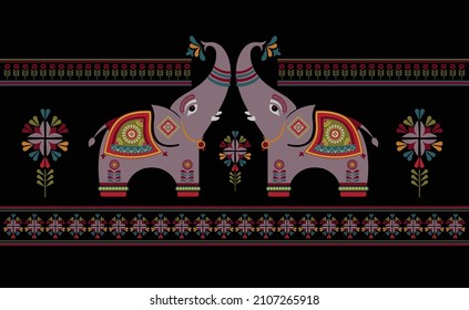 Indian elephant decorated in traditional style. Vector illustration isolated on Black background