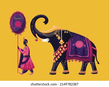 Indian elephant decorated in traditional style. Vector illustration isolated on yellow background.