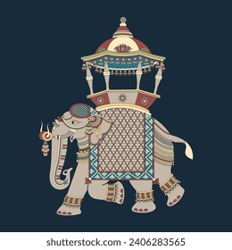 Indian elephant decorated in traditional style. Vector illustration isolated on Dark background