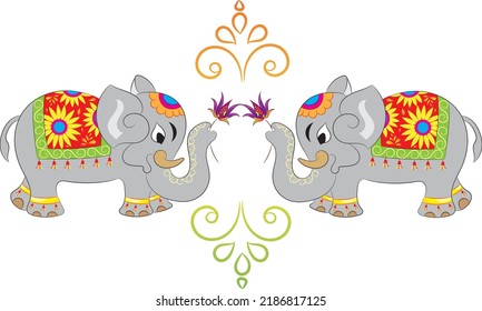 Indian elephant decorated in traditional style.Hand drawn vector illustration of two decorated elephants.