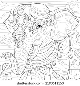 Indian elephant with decorations.Coloring book antistress for children and adults. Illustration isolated on white background.Zen-tangle style.