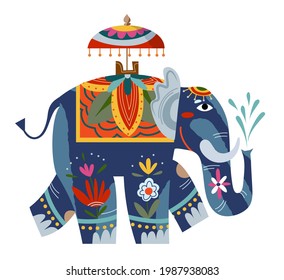 Indian elephant with decorative pattern and seat with umbrella. Vintage elements with flowers and plants vector illustration. Tourism in India travel symbols for flyer or poster.