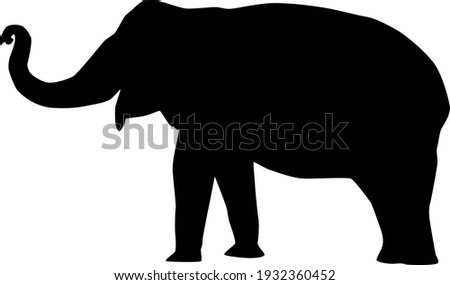 indian elephant (Elephas maximus) from side with trunk raised and curled, vector silhouette isolated on white background, realistic contour