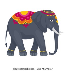 Indian elephant with festive pink and yellow decorations. Holi, Indian traditional festival of colors, holiday. Vector illustration isolated on white.