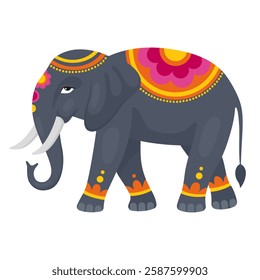 Indian elephant with festive pink and yellow decorations. Holi, Indian traditional festival of colors, holiday. Vector illustration isolated on white.