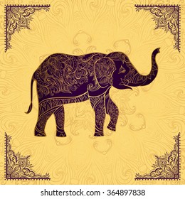 Indian elephant in golden colors. Ornate elephant on lace background . Hand drawn vector illustration