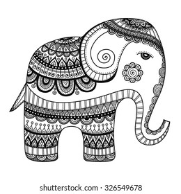 Indian elephant. Hand drawn doodle bishop with abstract tribal ornament. Vector ethnic elephant. Coloring page for children and adult.