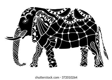Indian elephant. Hand drawn doodle indian elephant with tribal ornament. Vector ethnic elephant.