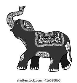 Indian elephant. Hand drawn doodle indian elephant with tribal ornament. Vector ethnic elephant.