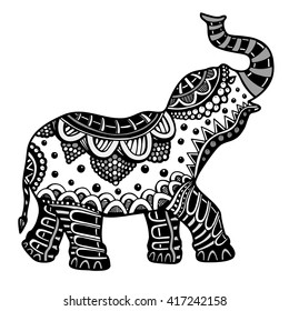 Indian elephant. Hand drawn doodle indian elephant with tribal ornament. Vector ethnic elephant.