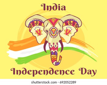 Indian elephant head with bright ethnic ornaments with floral motifs and sharp tusks isolated vector illustration on background of national flag