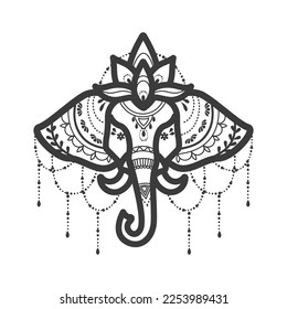 Cabeza de elefante indio con loto y mandala. Elefante con adorno oriental tradicional. Vector