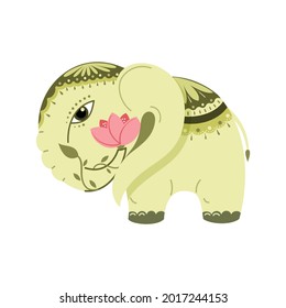 elefante indio con una flor de loto. Ilustración vectorial, aislada, sobre un fondo blanco.
