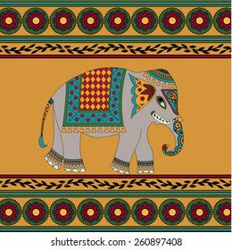 Indian elephant on yellow background with pattern