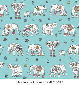 Indian elephant with ornament vector seamless pattern.