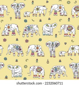Indian elephant with ornament vector seamless pattern.
