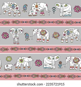 Indian elephant with ornament vector seamless pattern.