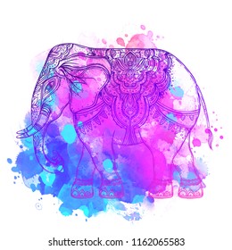 Indian elephant over watercolor background. tattoo art, yoga. Happy Holi traditional festival vector illustration. Lord Ganesha.
