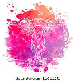 Indian elephant over watercolor background. tattoo art, yoga. Happy Holi traditional festival vector illustration. Lord Ganesha.
