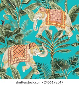 Indian elephant, palm tree, banana tree, tropical plant seamless pattern. Jungle wallpaper.