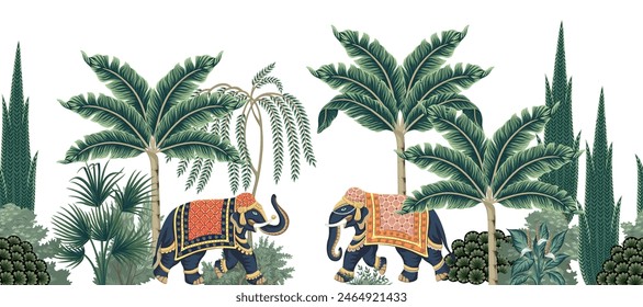 Indian elephant, palm tree, plant, tropical leaf floral seamless border white background. Vintage botanical jungle mural.