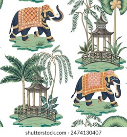 Indischer Elefant, Palmen und Architektur nahtlose Muster. Orientalischer Bildschirmhintergrund