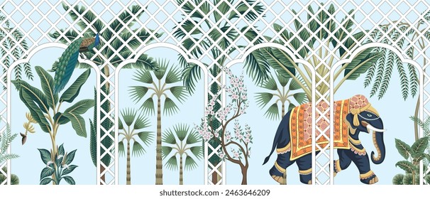 Indian elephant, palms, banana tree, peacock bird tropical mural. Border with pergola.