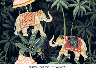 Indian elephant, palms, tropical plants seamless pattern. Jungle night wallpaper.	