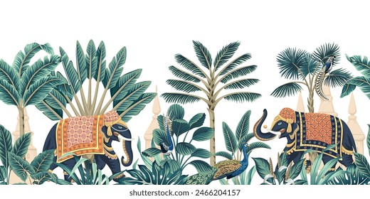 Indian elephant, peacock, palm tree, architecture, plant, tropical leaf floral seamless border white background. Vintage botanical jungle mural.