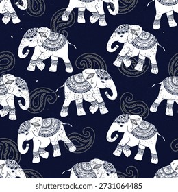 Indian Elephant Seamless Pattern with Paisley and Mandala Ornaments, Midnight Blue Elephant Pattern