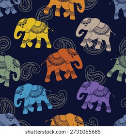 Indian Elephant Seamless Pattern with Paisley and Mandala Ornaments, Navy Multicolor Elephant Pattern