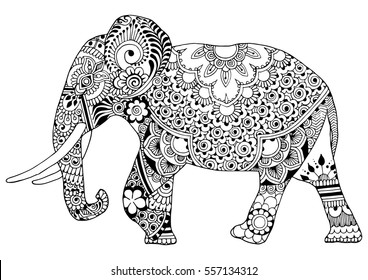 Indian elephant in style mihendi on a white background