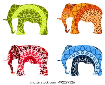 Indian elephant, tibetan mandala pattern. Isolated on white. Set of vector illustrations.