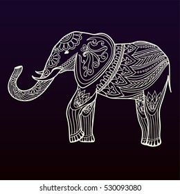 Indian elephant in traditional asian style. Ornate linear elephant on background for coloring page design, t-shirt design etc. Hand drawn outline vector illustration